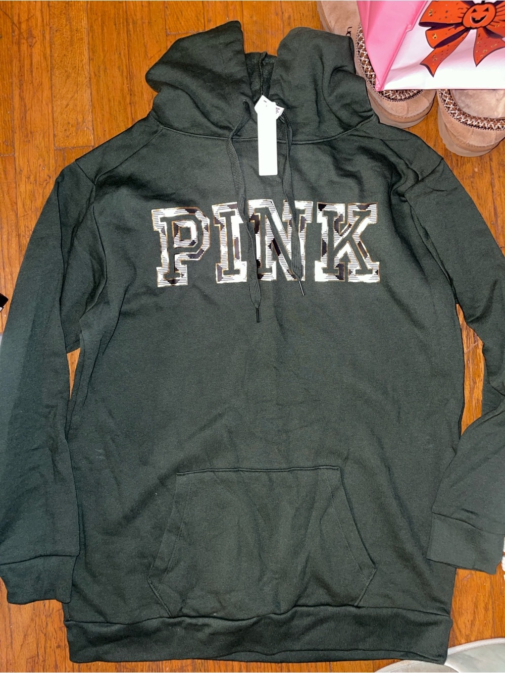 PINK Victoria's Secret Dark Green Hoodie Sweatshirt with Lettering